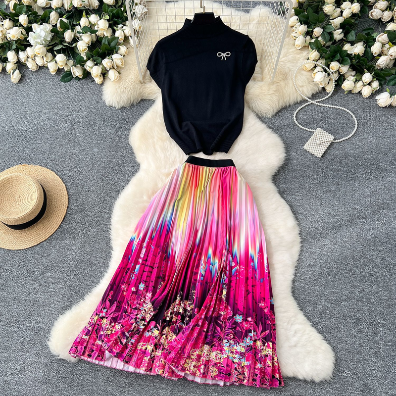 Women's Clothing Two Piece Suit High Collar Short Sleeve Knitted Top High Pleated Skirt Suit_voghion.com
