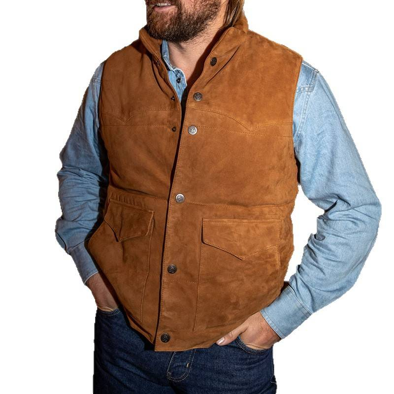 Men's Casual Vintage Vest Jacket - Cotton Blend, Slim Fit, Open Front With Pockets, Autumn Winter Layering Essential (Caramel, S-XXXL)_voghion.com