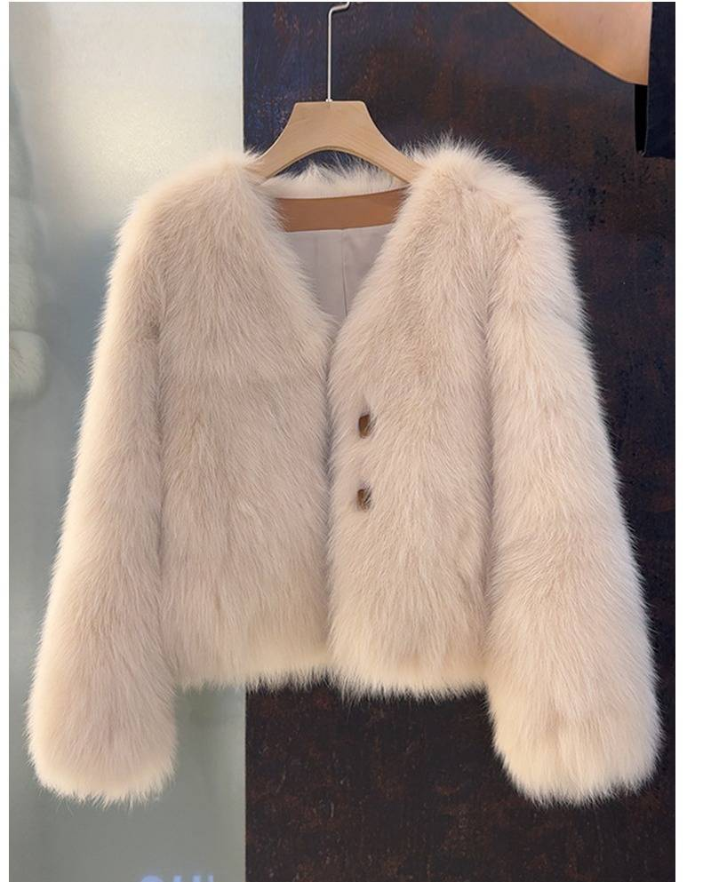 Luxury Faux Fox Fur Coat For Women - Elegant Winter Outerwear With 3D Embroidery, V-Neck, Long Sleeve (Available In S/M/L, Coffee & Beige)_voghion.com