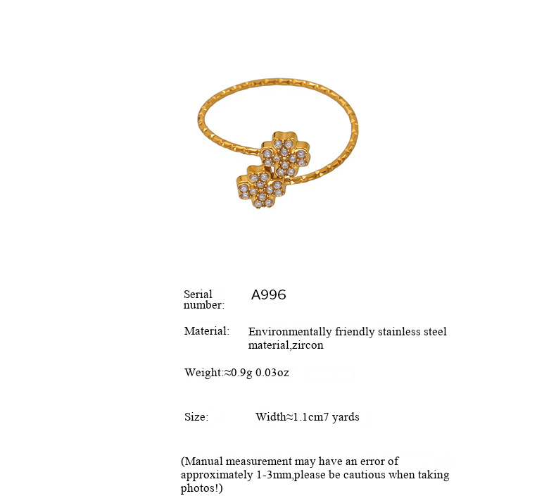 Square Sugar Light Luxury Double Four Leaf Flower Full Diamond Opening Adjustable Ring Titanium Steel Non Fading Simple High End Ring_voghion.com