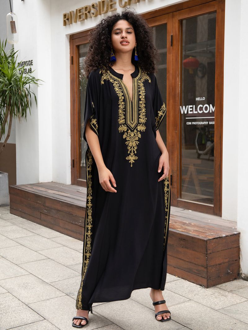 Damenbekleidung Baumwolle Stickerei Urlaub Lose Große Größe Kleid Strand Lange Robe Bikini Cover Up_voghion.com