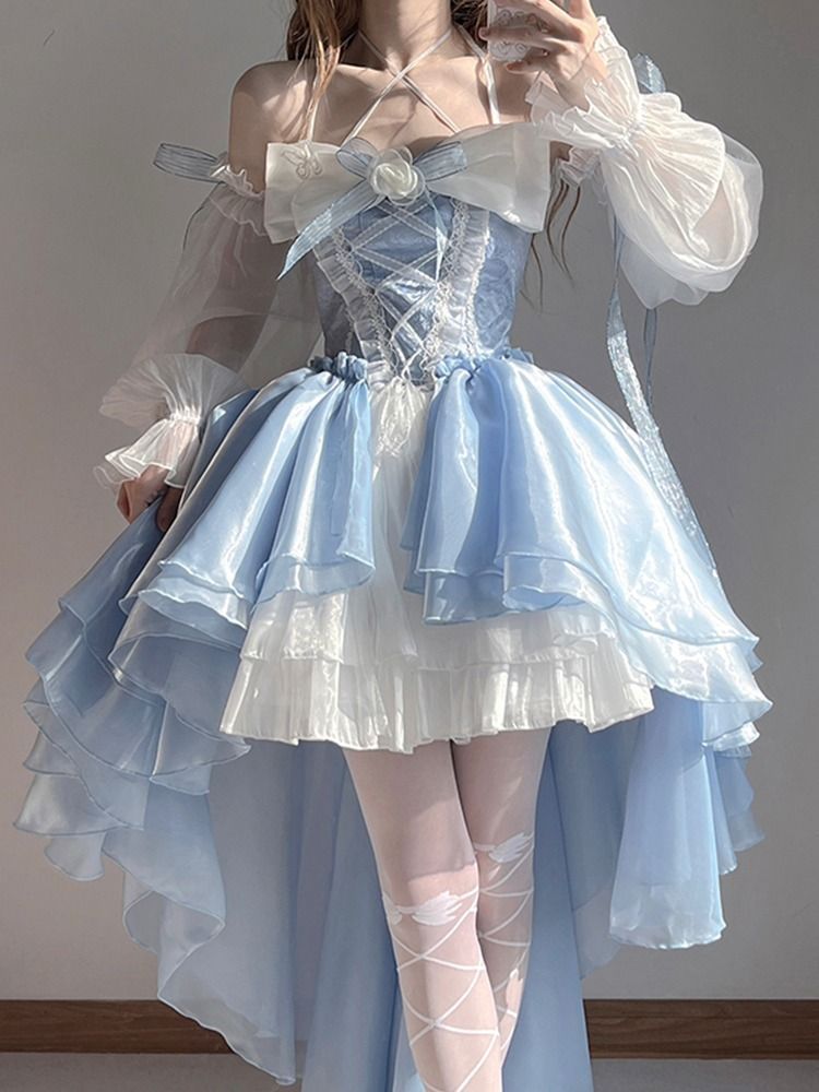 Blue Lolita Dress Short Front Long Back Floral Design, Suitable For Marrying Heavy Worker With Large Bow And A Trailing_voghion.com