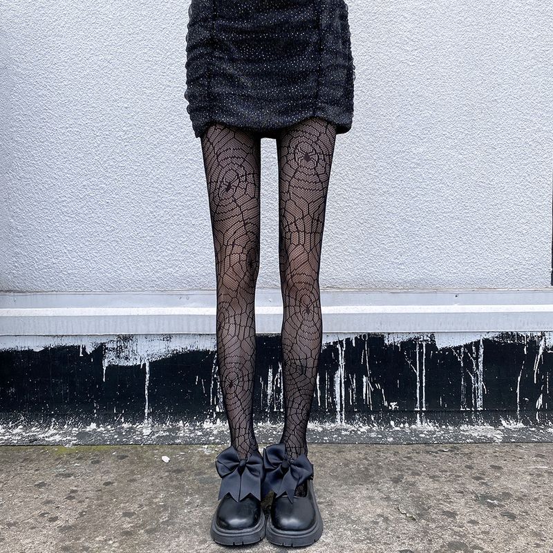 JK-Socken im dunklen Stil, Spinnennetzmuster, Internet-Promi-Schwarze Strümpfe, dünne Socken, hohle Jacquard-Netzstrümpfe für Damen_voghion.com