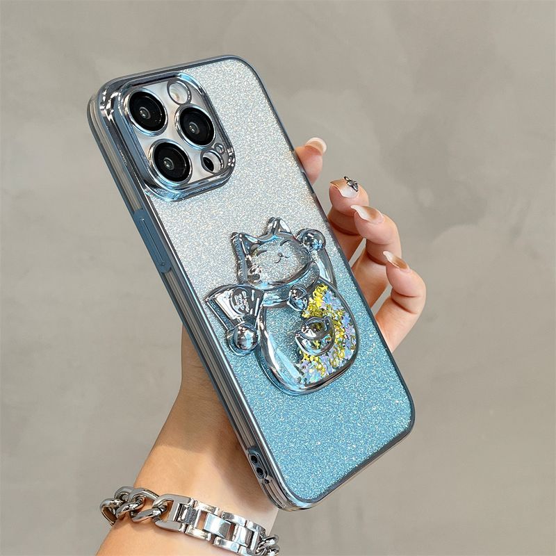 Custodia per telefono Flowing Sand Electroplated Wealth Cat adatta per iPhone 11, 12, 13, 14, 15 Pro Max con pellicola per obiettivo integrata_voghion.com