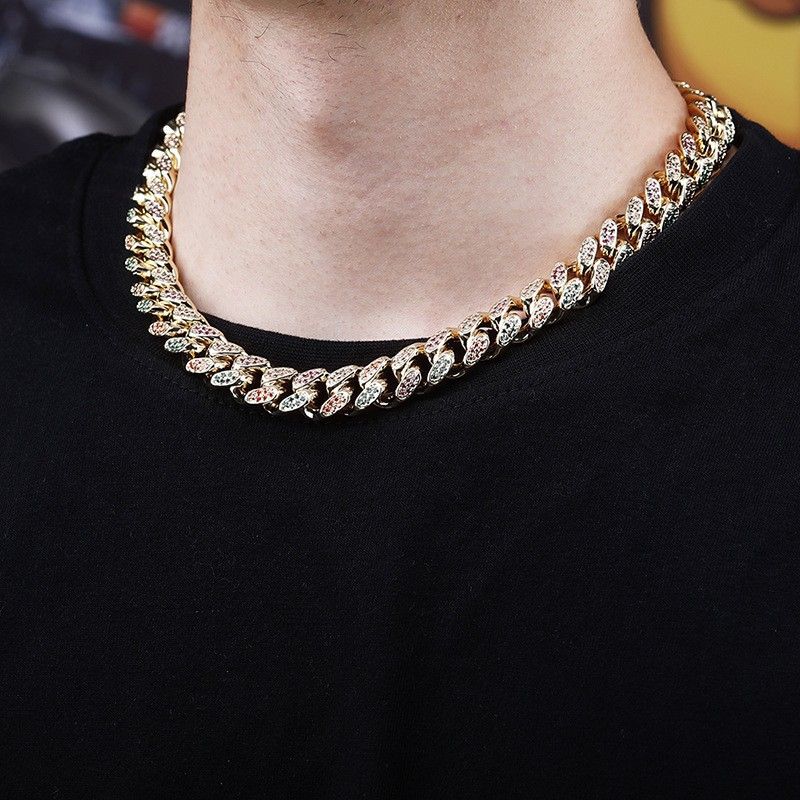 Kolyeler Erkek Hip Hop Renkli Zirkonyum Küba Kolye Hiphop Bakır İşlemeli Zirkonyum 14/18mm Çubuk Küba Zinciri_voghion.com