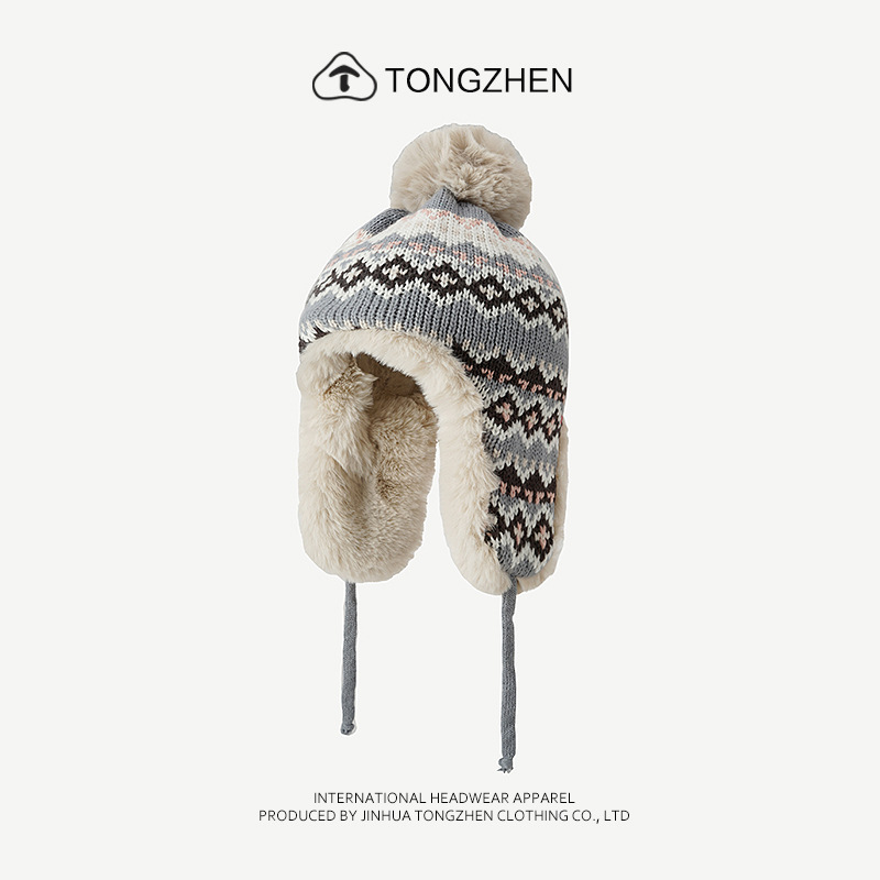 Estilo étnico jacquard malha feminina no outono e inverno, pelúcia Lei Feng para passeios, esqui, proteção auricular, lã_voghion.com