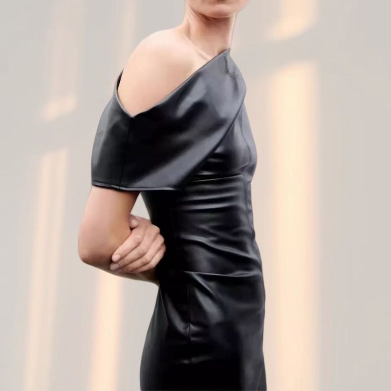 Women's Clothing Elegant PU Draped Midi Dress For Women - High Waist Bodycon Pencil Dress With Slash Neckline, Short Sleeves, Office & Party Wear_voghion.com