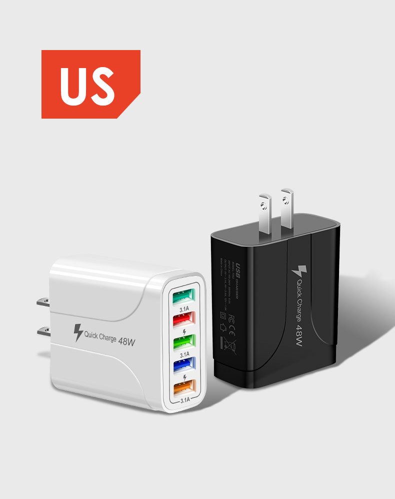 Novo carregador rápido de celular 5USB 5.1A com múltiplas portas, adaptador de viagem padrão americano, europeu e britânico, cabeça de carregamento_voghion.com