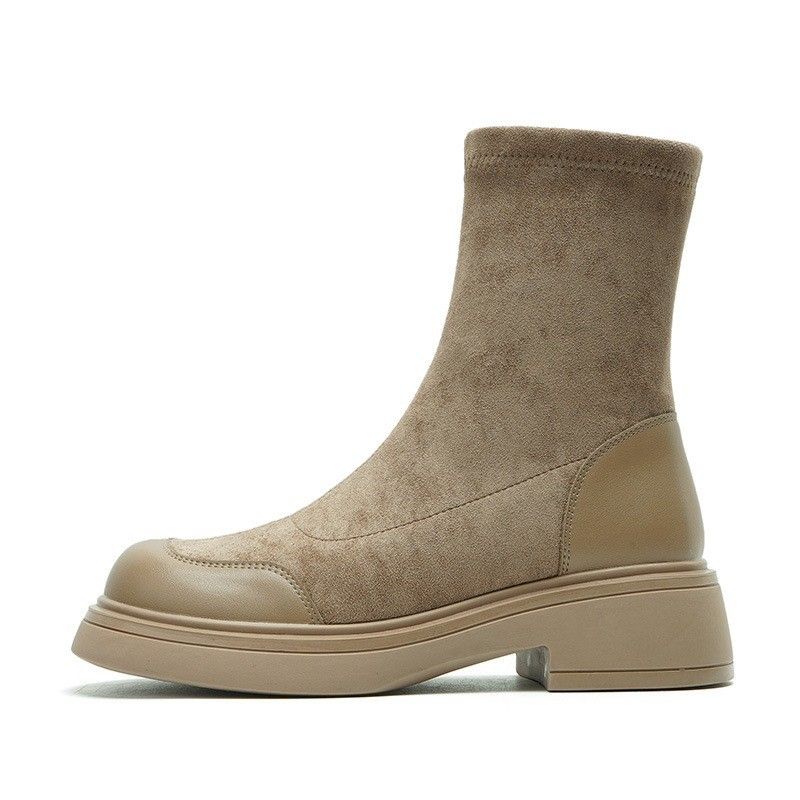 Botas femininas de camurça estilo coreano, bico redondo, meia curta, sola grossa, plataforma, elástica, slim, outono inverno, novas botas Martin_voghion.com