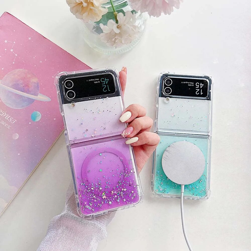 Rainbow Gradient Glitter Clear Case Samsung Galaxy Z Flip 5 4 3 Shockproof for Magsafe Wireless Charge Magnetic Fold_voghion.com
