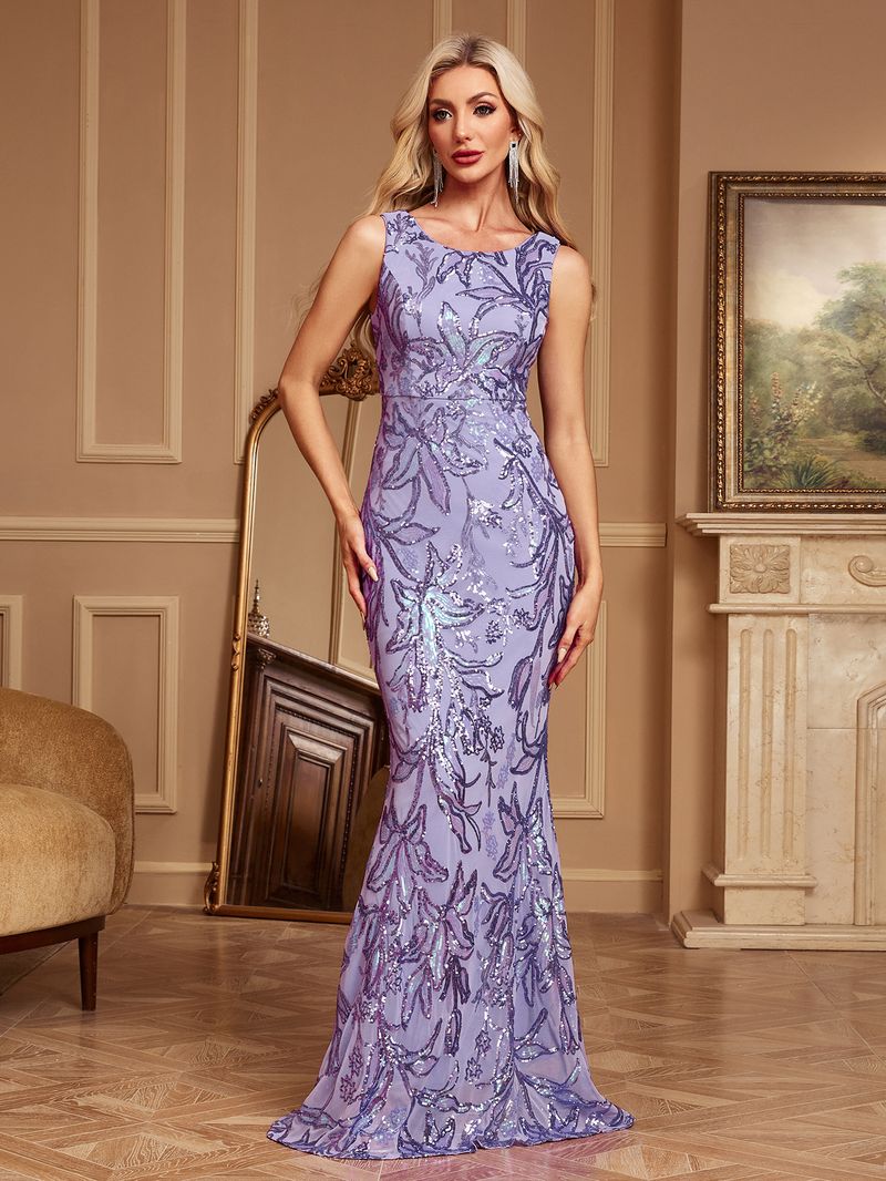Damenbekleidung Damen Ärmelloses Rundhals-Luxus-Partykleid in Roségold, Meerjungfrau, glänzend, lang, Übergröße, Abendkleid_voghion.com