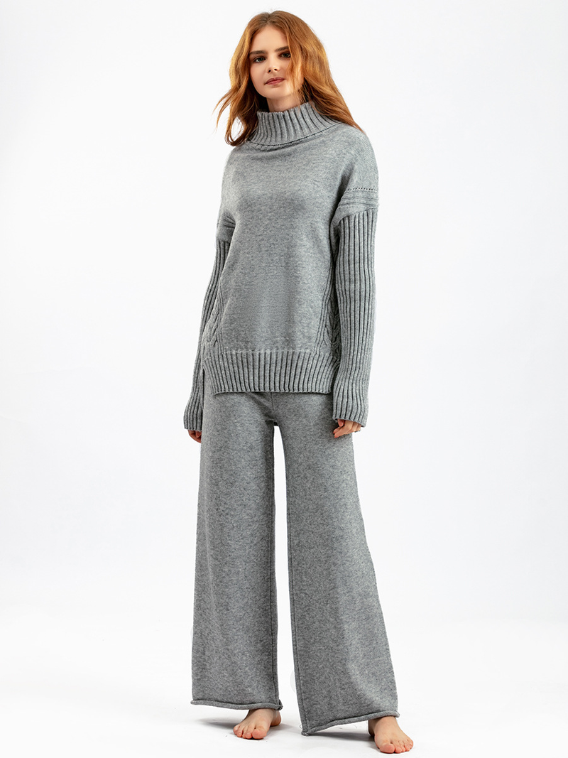 Vêtements pour femmes style paresseux pull à col roulé ample costume style occidental pour femmes pantalons à jambes larges à la mode ensemble deux pièces pour les femmes_voghion.com
