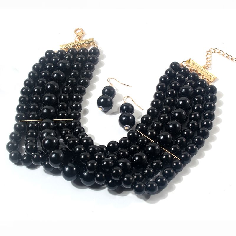 Conjunto de collar y accesorios para mujer con collar multicapa de perlas cortas_voghion.com