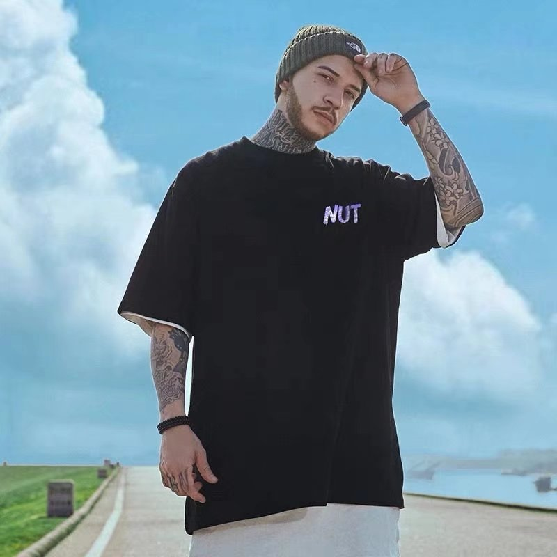 C&J erkekler ve kadınlar için büyük boy bol yarım kollu tişörtler hip-hop bf trend baskı kısa kollu ins moda_voghion.com
