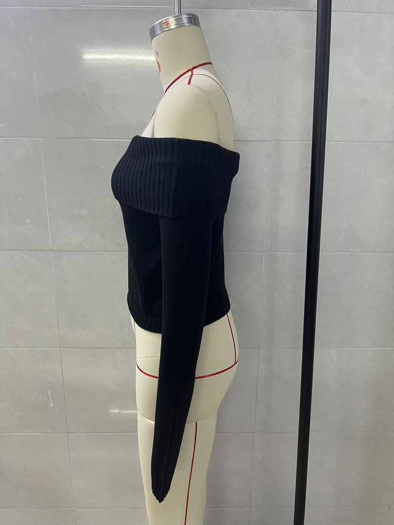 2025 Frühjahr Neues Strickoberteil Damen Einfarbiger Off-Shoulder Langarm Pullover_voghion.com