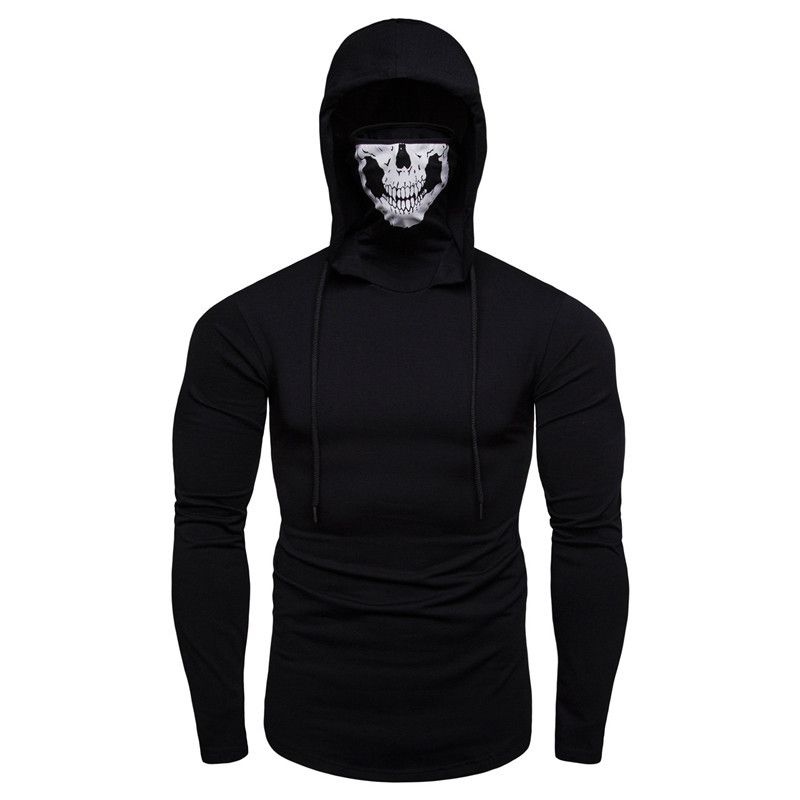 Maglietta da uomo con cappuccio, elasticizzata, fitness, Halloween, a maniche lunghe, con design a maschera di teschio_voghion.com