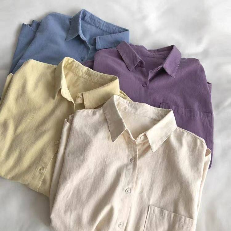 Donna super comoda! Camicia a maniche lunghe in cotone lavato tinta unita bianco per donna, giacca casual primaverile, cardigan ampio_voghion.com