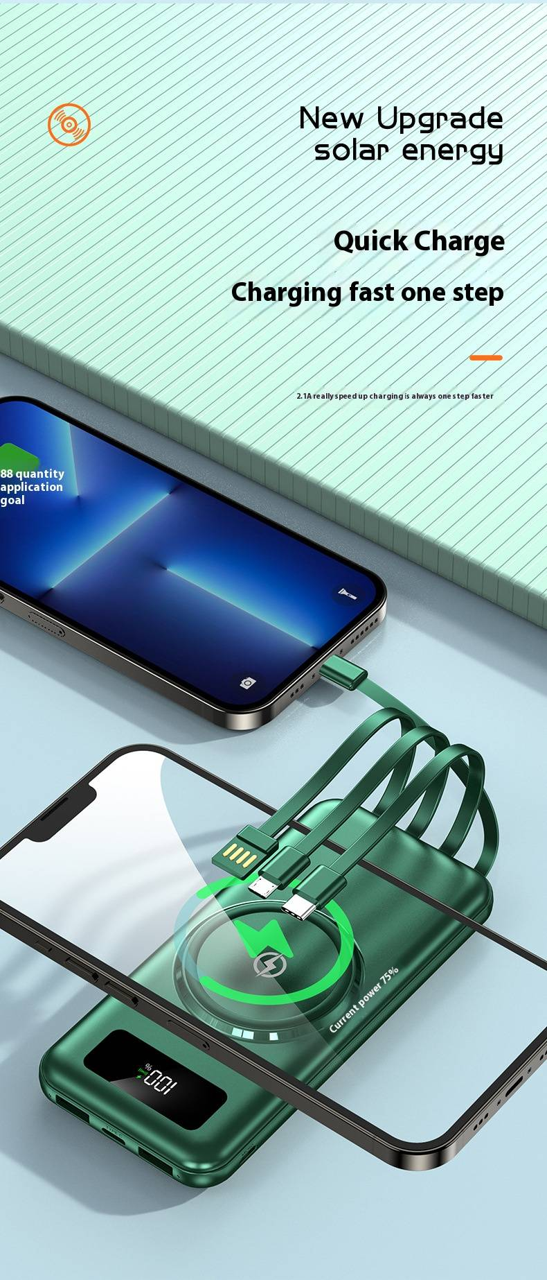 66 W-os szupergyors töltésű külső akkumulátor, 20000 mAh, nagy kapacitással, beépített kábellel, ultra-hordozható utazáshoz_voghion.com