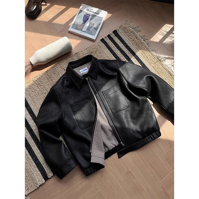 Men's Clothing Vintage PU Leather Jacket With Notched Lapel & Side Pockets – Casual Distressed Biker Coat For Spring & Fall (Houndstooth, M-XXL)_voghion.com