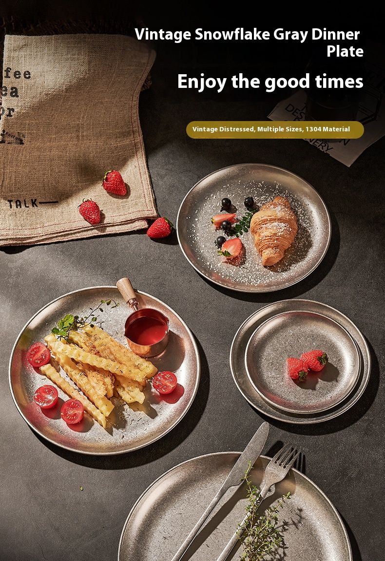 Vintage-Style Stainless Steel Tray Set – Elegant Round Plates For Coffee, Desserts & Dining (Matte Finish, Microwave Safe)_voghion.com