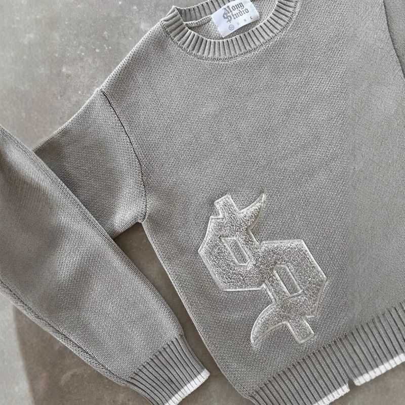 Men's Embroidered Crewneck Sweater High Street Design Jacquard Loose Knitwear Autumn Winter Casual Fashion Top Grey_voghion.com