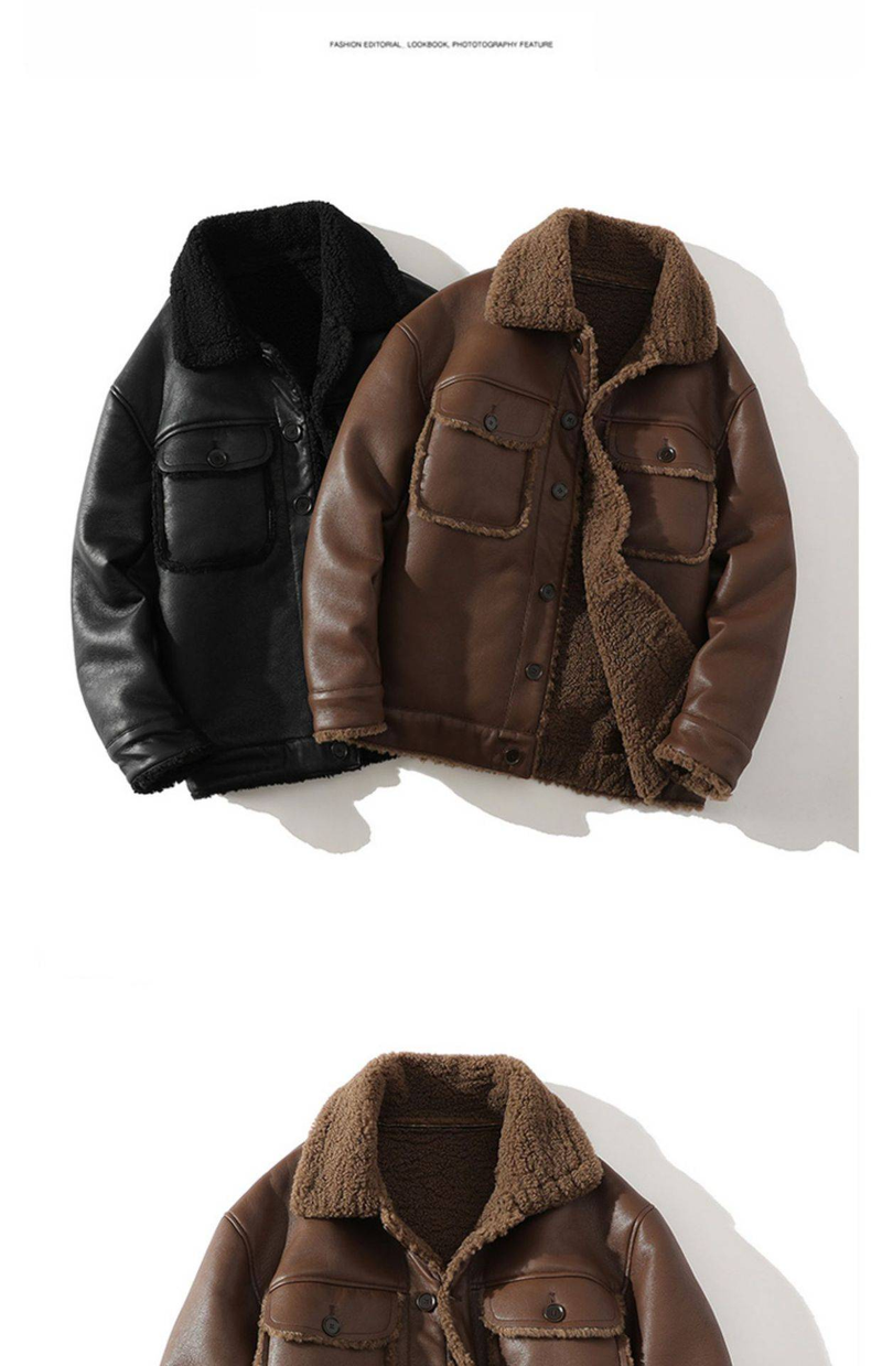 Men's Casual Faux Leather Fleece-Lined Jacket With Notched Lapel, Single-Breasted, Windproof & Warm Winter Coat For Outdoor & Daily Wear ( M-5XL)_voghion.com