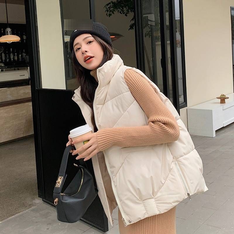 Doudoune sans manches matelassée pour femme - Veste d'hiver chaude à col montant, coloris noir/crème/kaki/citrouille | Tailles M à 2XL_voghion.com