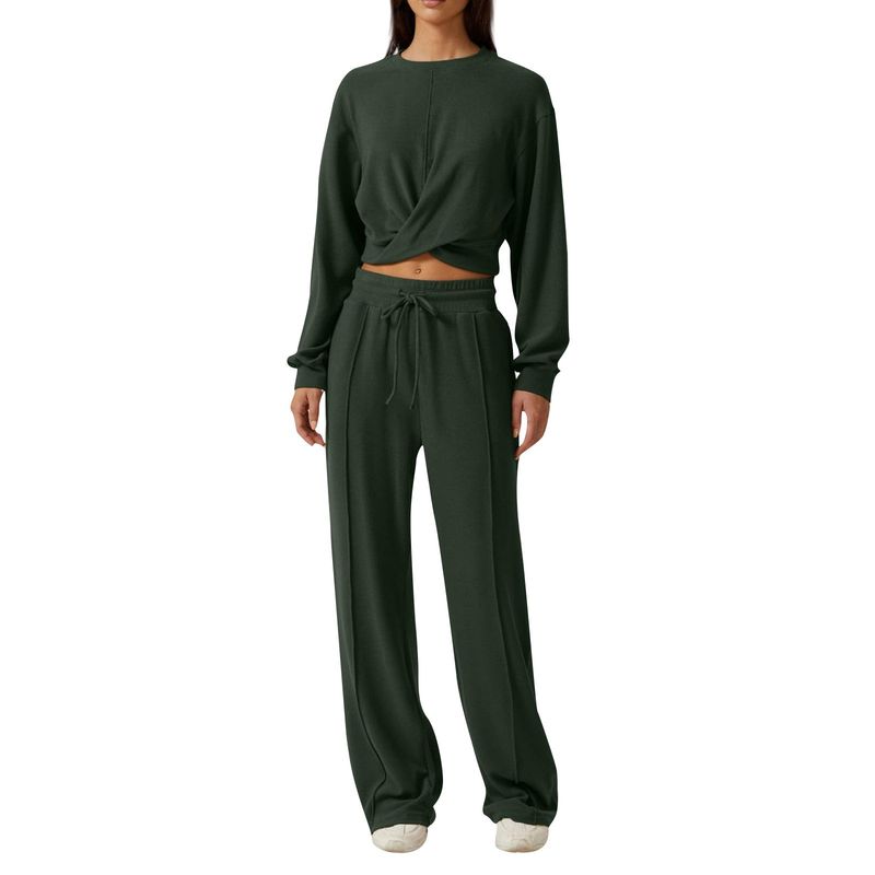 New Spring Summer Pants Set Women's 2-Piece Sportswear Front Fold Sweatshirt Wide-Leg Drawstring_voghion.com