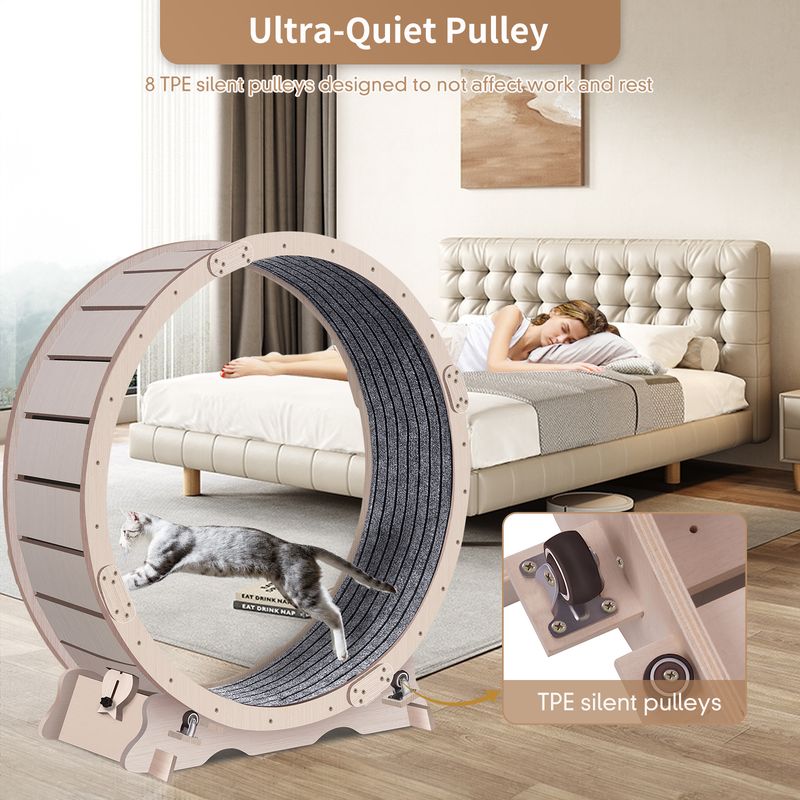 Cat Exercise Wheel For Indoor Cats, Cat Running Wheel With Carpeted Runway, 41" Natural Wood Color_voghion.com