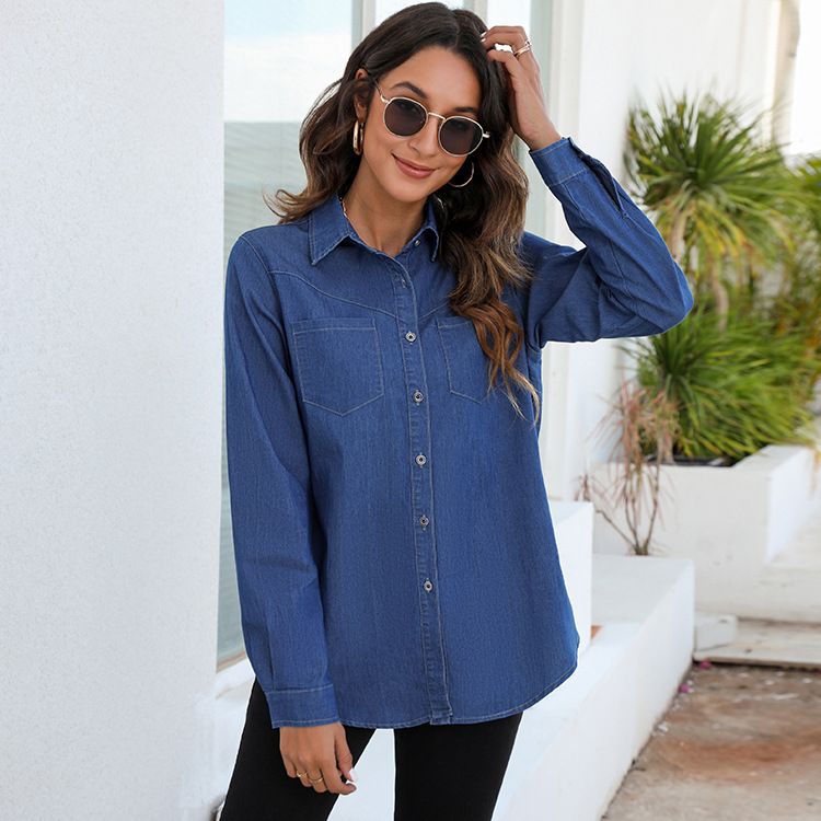 Modisches, lockeres, blaues, einreihiges, langärmliges Denim-Cardigan-Temperament-Pendler-Volltonhemd mit Revers_voghion.com