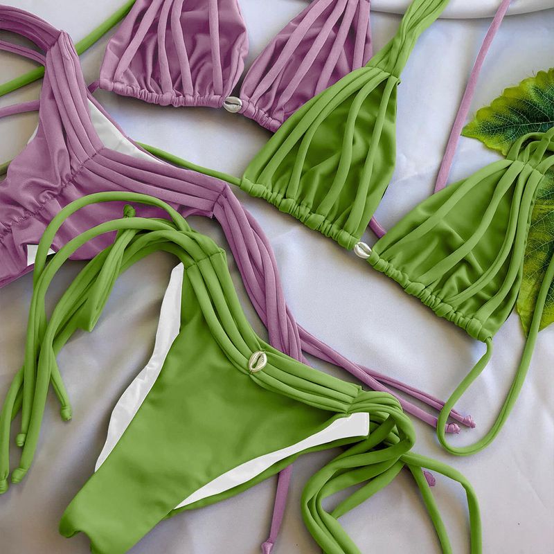 Women's Clothing Solid Color Multi String Sexy Backless Bikini Split Swimsuit Female_voghion.com