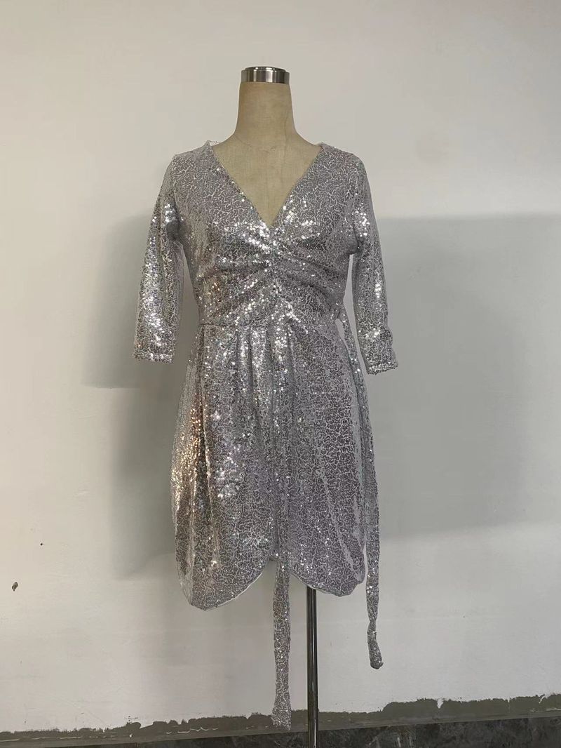 Abito da donna estivo 2025, sexy, con maniche a sette quarti, scollo a V e lacci, con perline_voghion.com