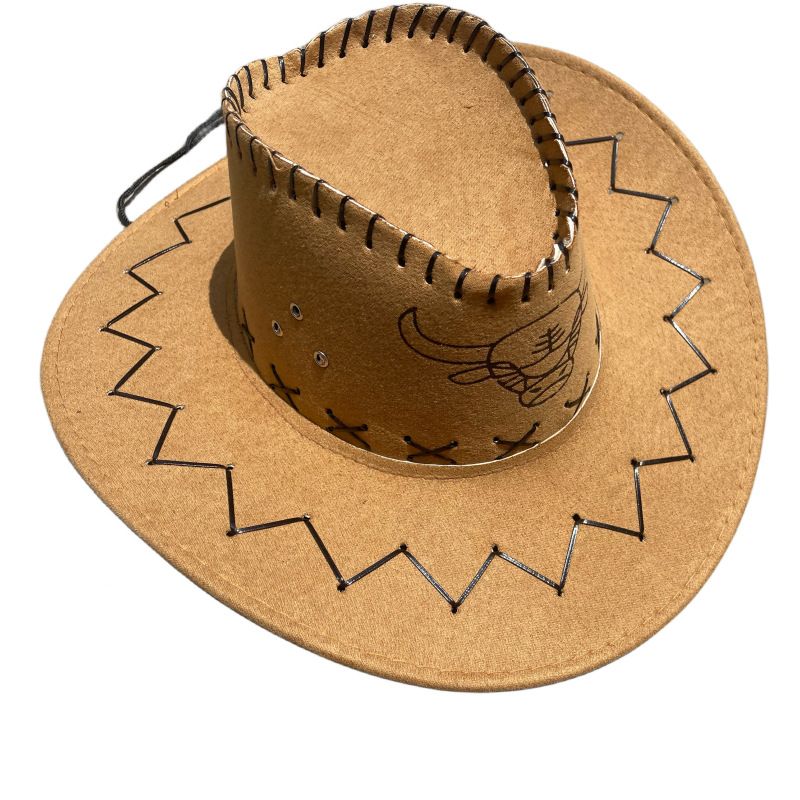 Neuer, heißer Verkauf bedruckter Cowboyhut aus Hühnervlies für den Tourismus, Bühnenauftritte, Western-Bullenkopf, großer Hut, Traufe, bedrucktes Wildledervlies_voghion.com