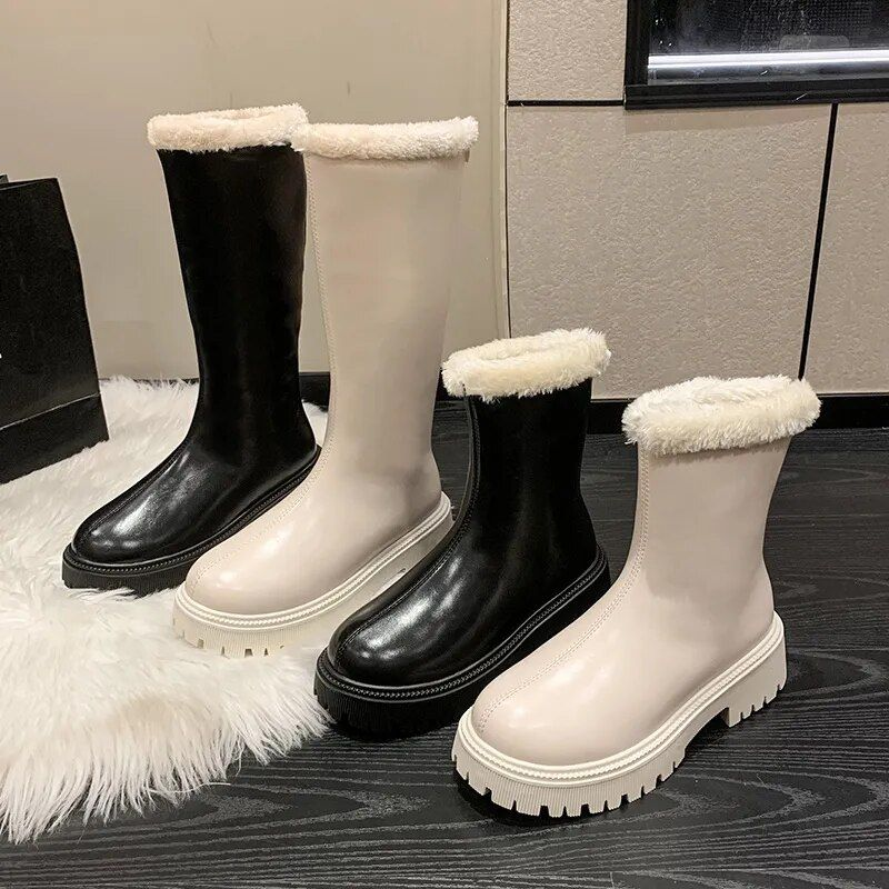 New Women's Leather High-top Snow Pile Warm And Comfortable Solid Color Boots, Fashion Boots_voghion.com