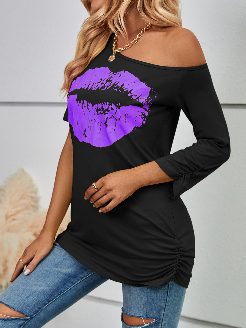 Damen Love bedrucktes Kurzarm-T-Shirt, schulterfreies, unregelmäßiges Ärmel, langes, modisches, schmales Oberteil_voghion.com