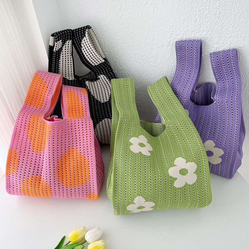 Flower Handbag For Women, Knitted Storage Large Capacity Small Student Casual Bucket Wrist Bag, Lunch Box Bag_voghion.com