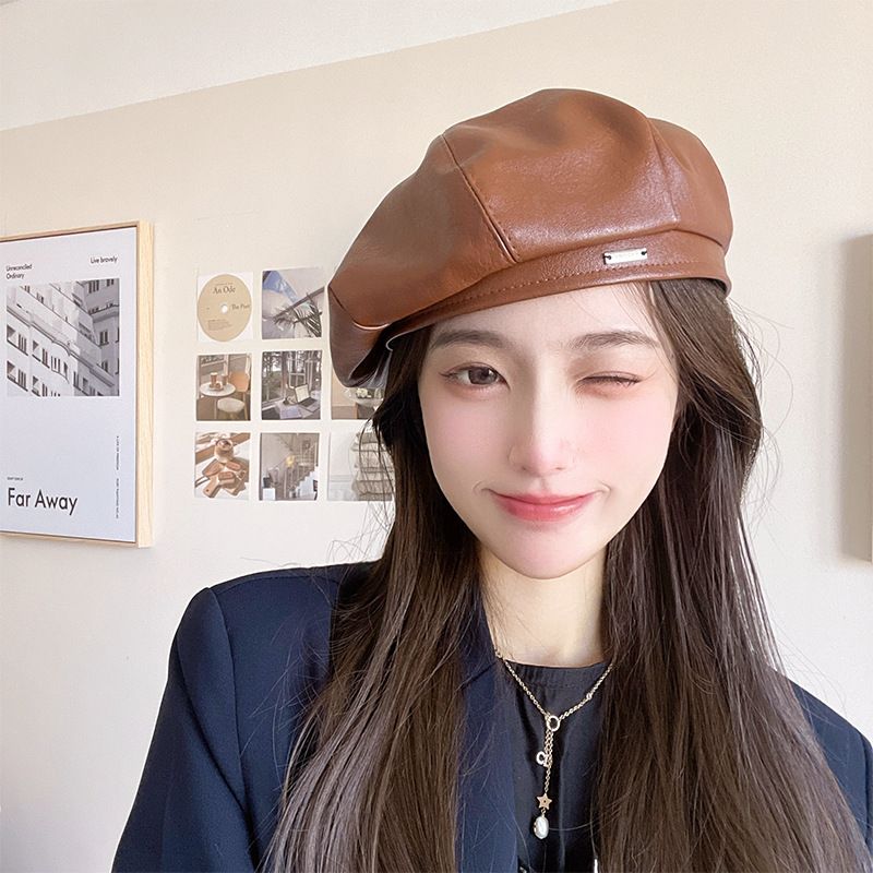 Herbstliche neue Mütze für Damen, Leder-Baskenmütze mit kleinem Gesicht, Künstlermütze mit Nischenpersönlichkeit, Baskenmützenstil_voghion.com