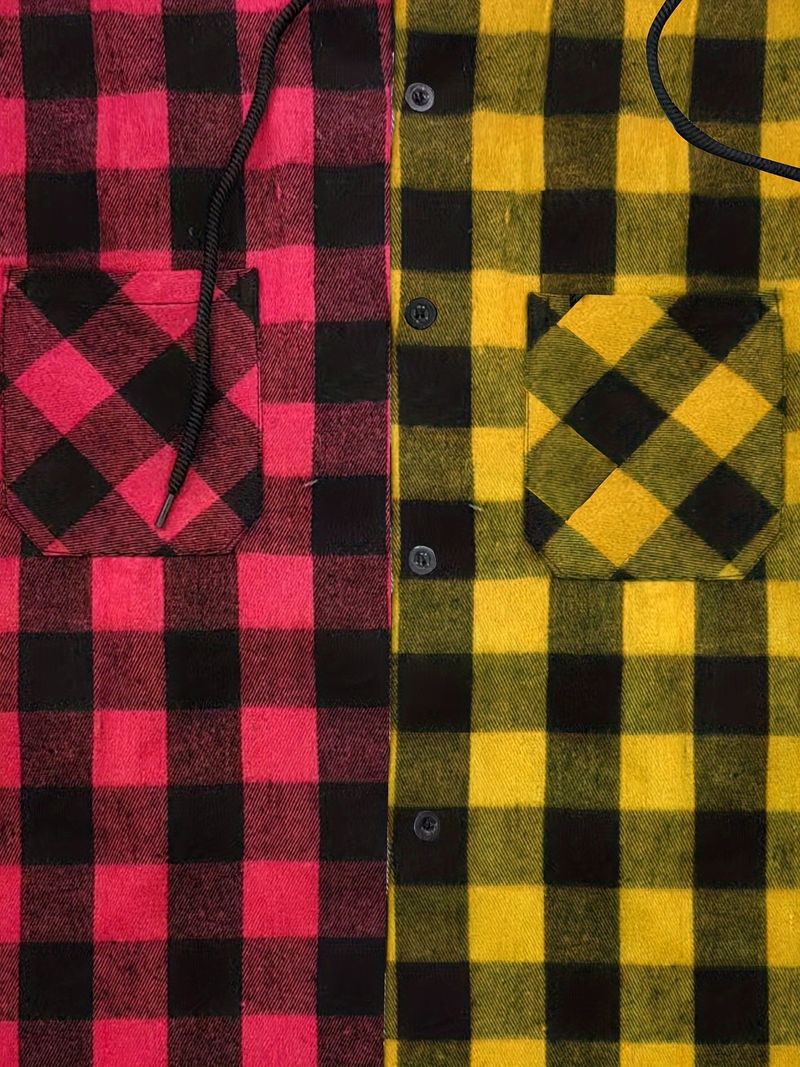 Felpa con cappuccio a quadri, con cappuccio in flanella e con cappuccio a contrasto, con cappuccio di tendenza alla moda di New York da uomo_voghion.com