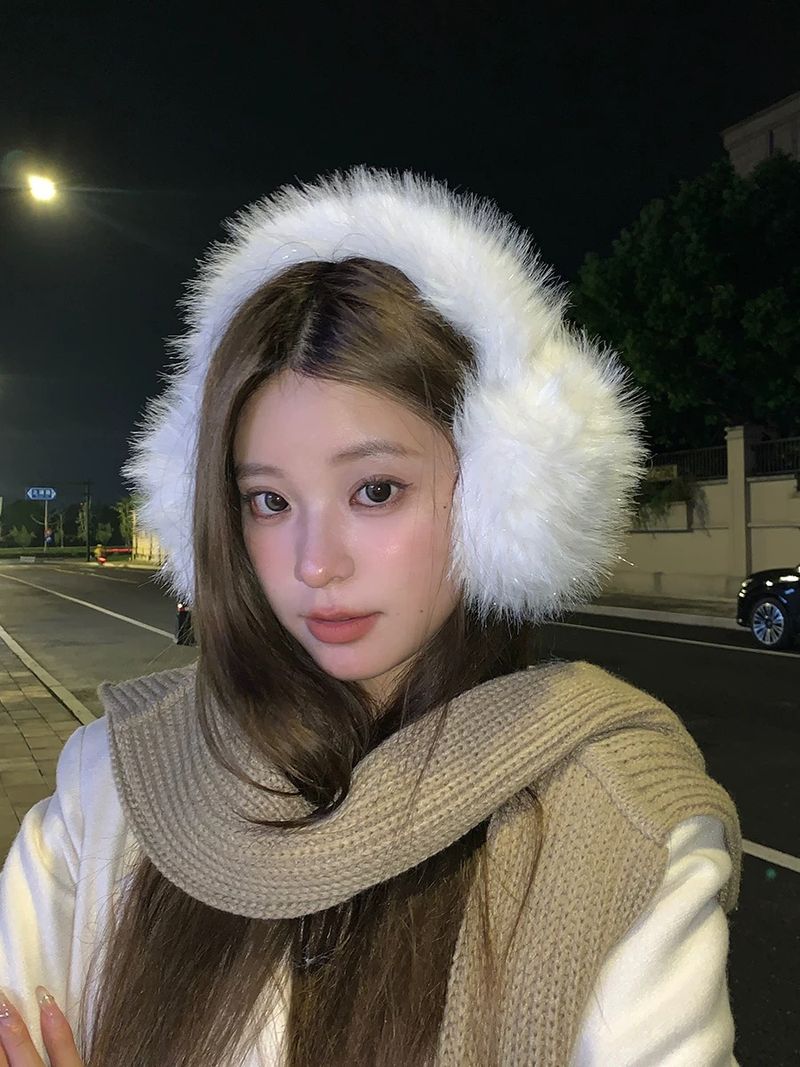Cache-oreilles en peluche blanc doux et mignon, grande taille, chaud, antigel, protection des oreilles, hiver, cache-oreilles pour femme_voghion.com