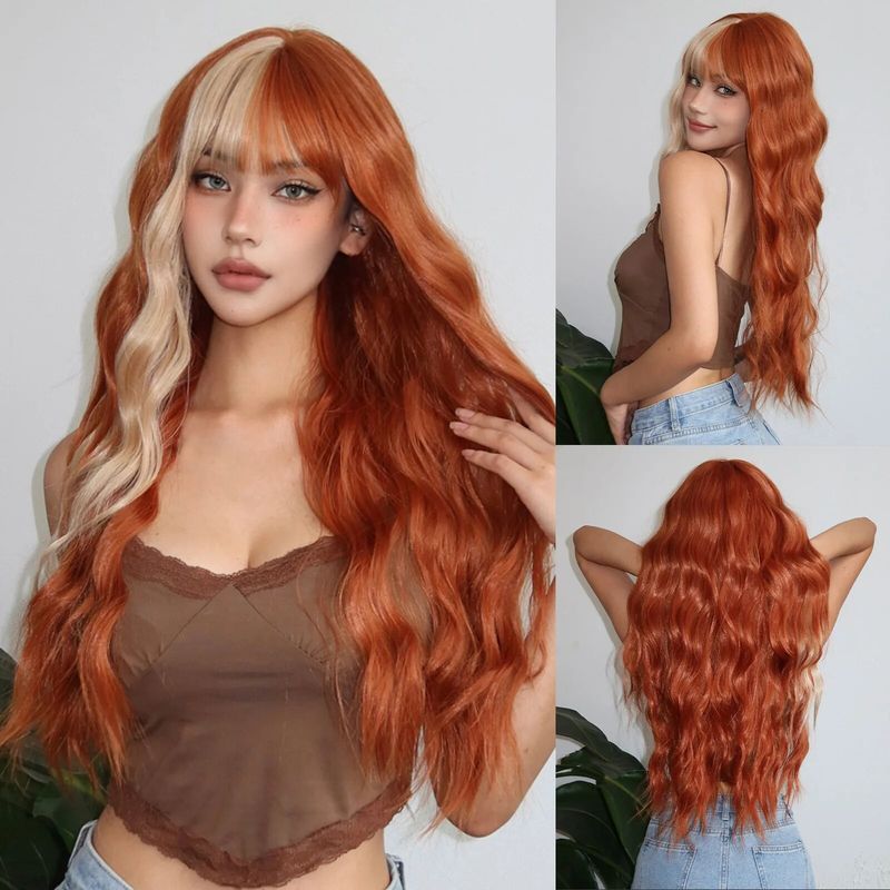 Parrucche sintetiche nere naturali Parrucche lunghe ondulate con frangia Parrucca per capelli quotidiani Cosplay per donne Parrucche in fibra resistente al calore_voghion.com