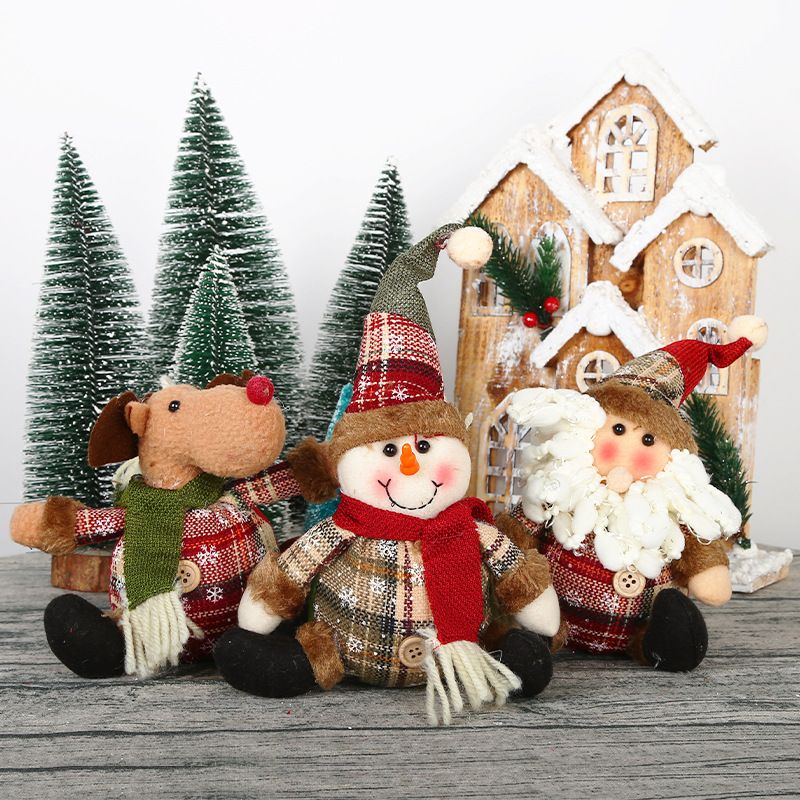 Snowman Deer Christmas Tree Checkered Cloth Button Doll Pendant Decoration Ornament_voghion.com