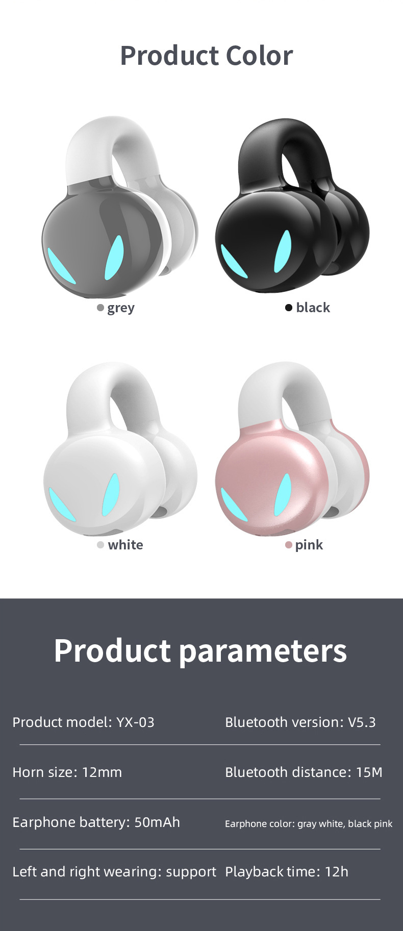 Nye øreklips YX03 Bluetooth-hodesett Trådløse øredobber med ett øre Utadvendt forretningssporthodesett_voghion.com