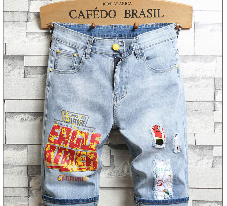 Men's summer thin 5-point jeans for men, summer trendy brand light-colored stretch Korean style trendy printed mid-pants 5-point shorts_voghion.com