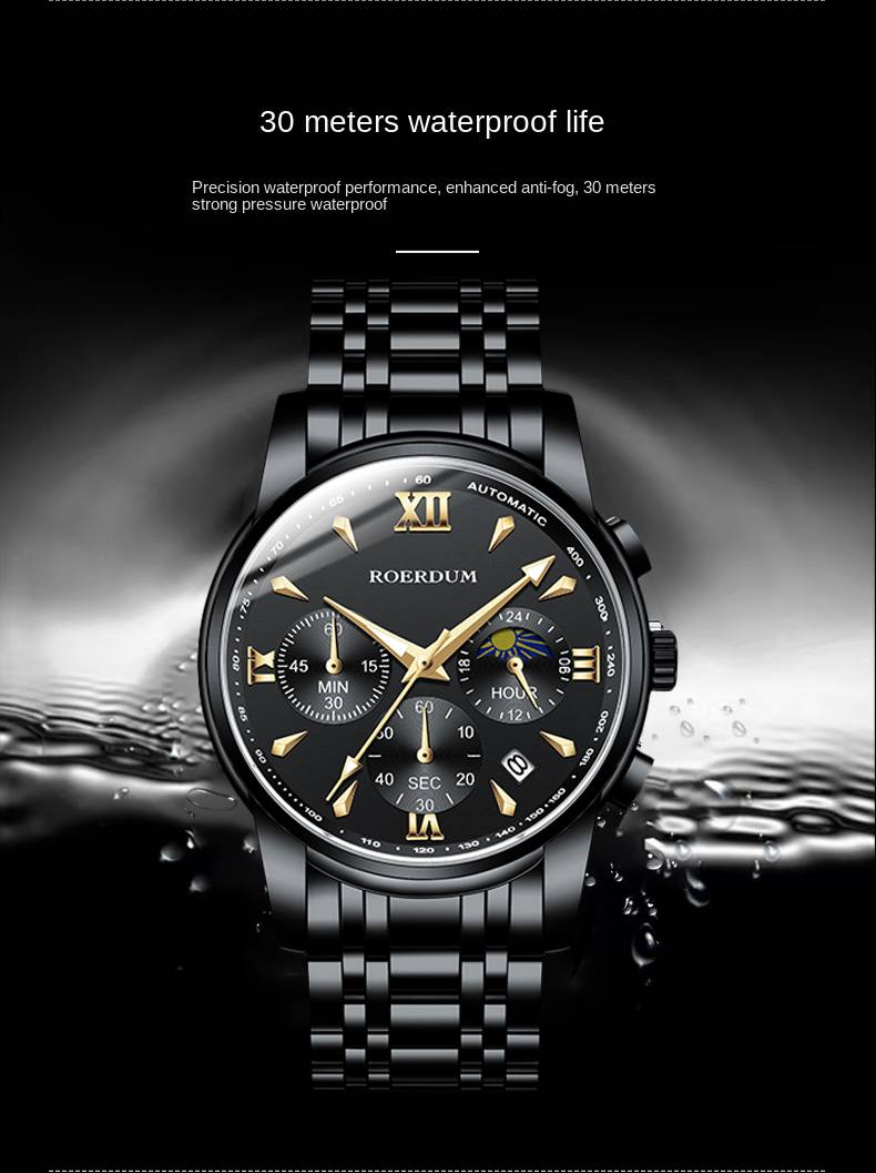 ROERDUM Cool Play Series - Quartz Movement,Stainless Steel Bracelet,Black Dial,Casual & Stylish Men's Watch_voghion.com