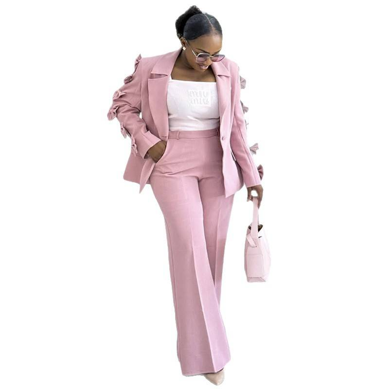 Kadın Yaz Modası Blazer ve Pantolon Takımı, Fiyonk Detaylı, Slim Fit, Cepli, Polyester İş ve Günlük Giyim Kıyafeti (S-XXL, Pembe)_voghion.com