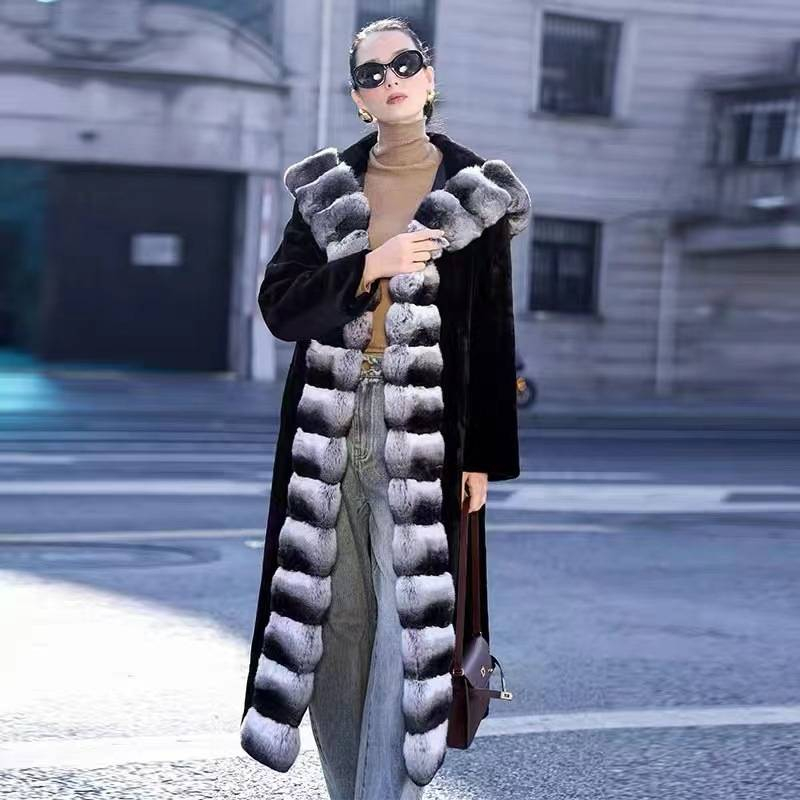 Langer Damen-Plüsch-Chinchilla-Kunstpelzmantel mit Schalkragen, elegante Winter-Trenchjacke für Übergrößen, Kunstpelzmäntel_voghion.com