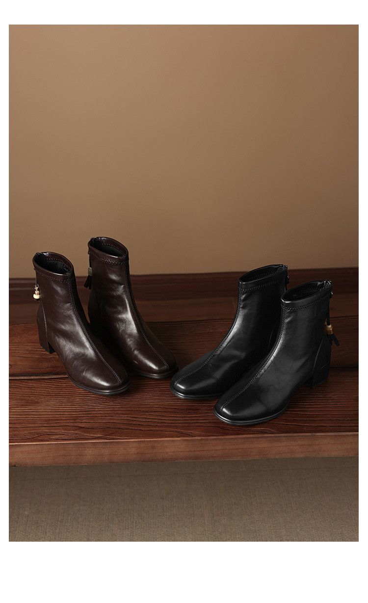 Cameido Women's Square Toe Chunky Heel Short Boots With Beads And Zipper Back Stylish Fashion Boots Medium Heel Slim Boots_voghion.com