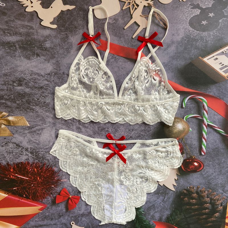 Women's Intimates New Bow Deep V Jacquard Two Piece Sexy Lingerie_voghion.com