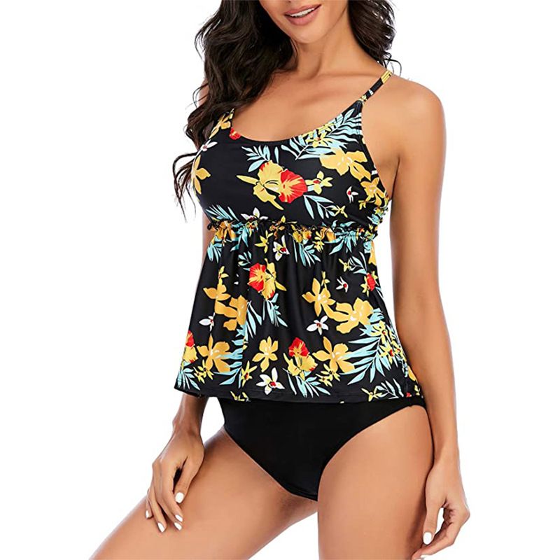 Bikini-Set mit hoher Taille – Badekleid mit Blumenmuster, Rüschenrock und Bauchkontrolle (bescheidene Bademode mit LSF 50+, verstellbare Bänder, schnelltrocknender Stoff)_voghion.com