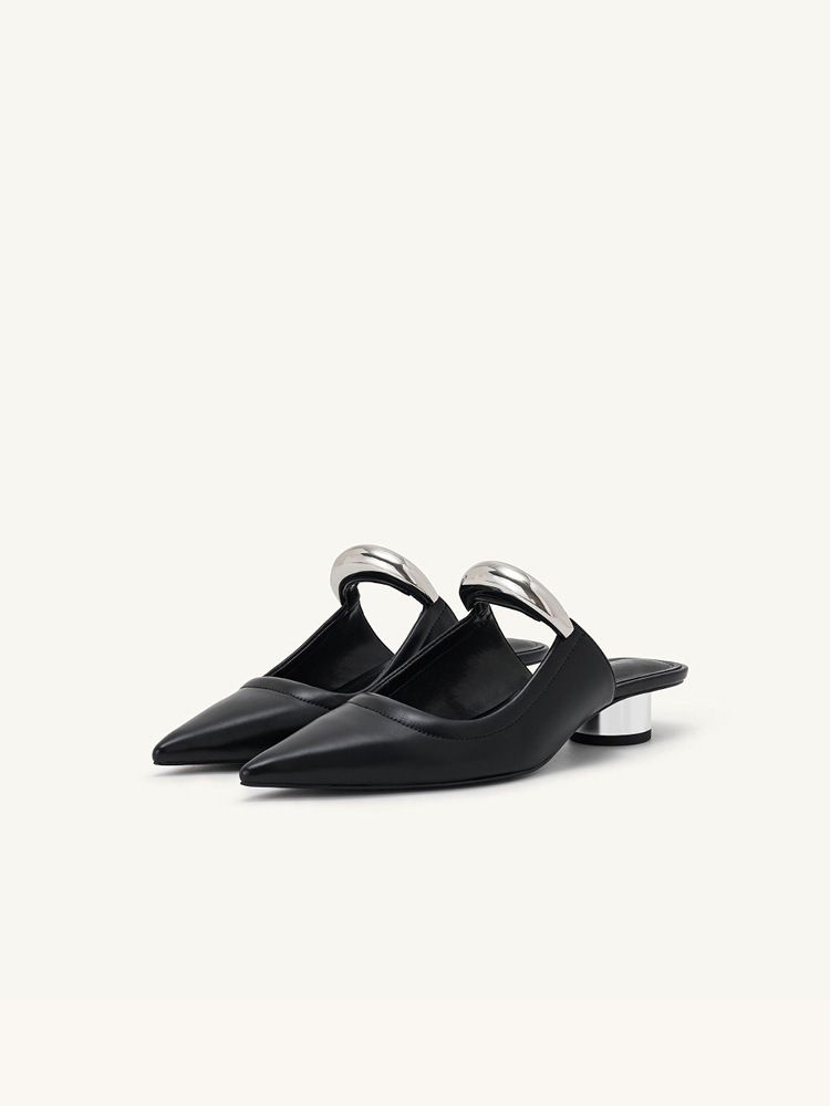 Minimalistische Spitz-Mules für Frauen, französischer Stil, klobiger Mittelabsatz, Halbschuhe, Zehenkappe aus Metall, offene Zehensandalen_voghion.com